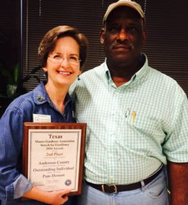 Pam Denson receives State Master Gardener Recognition, presented by Truman Lamb, Agrilife Anderson county agent