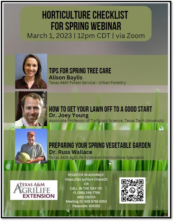 Flyer for Zoom webinar on March 1 from 11 a.m. to 12 p.m. on gardening things to do to ready for spring. Covers trees, lawns, and veggie gardens.