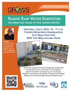 Flyer for Passive Rainwater Harvesting talk in July 2023.