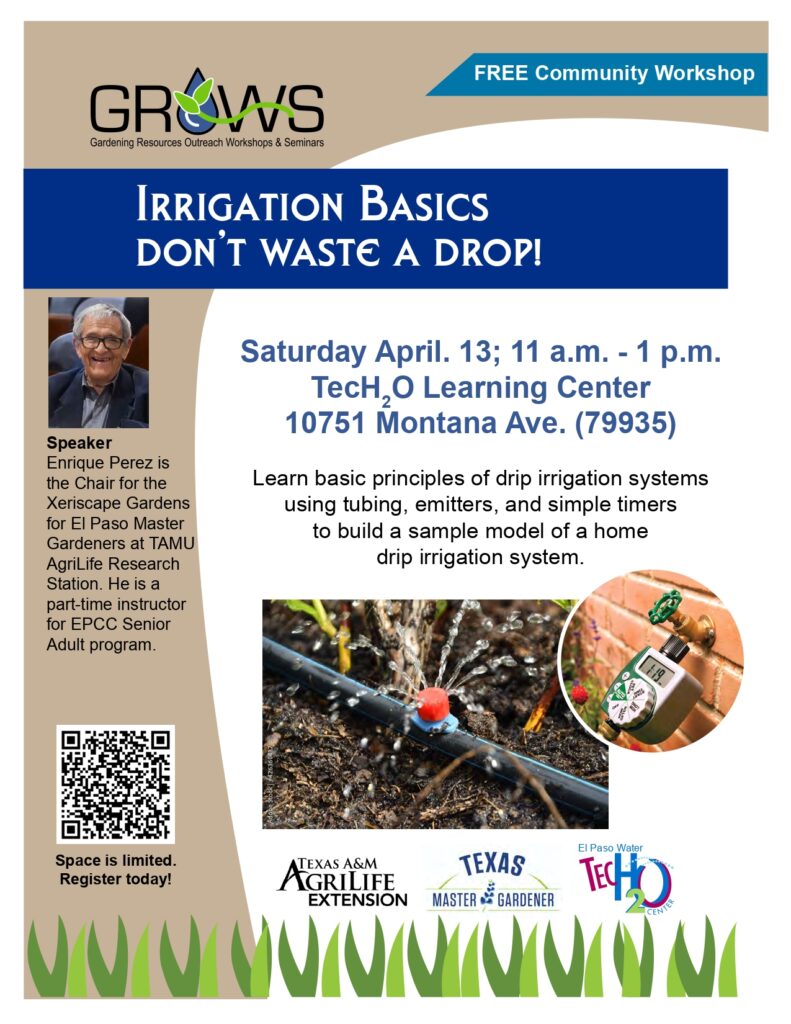Flyer for Apr. 13, 2024 GROWS event on drip irrigation.