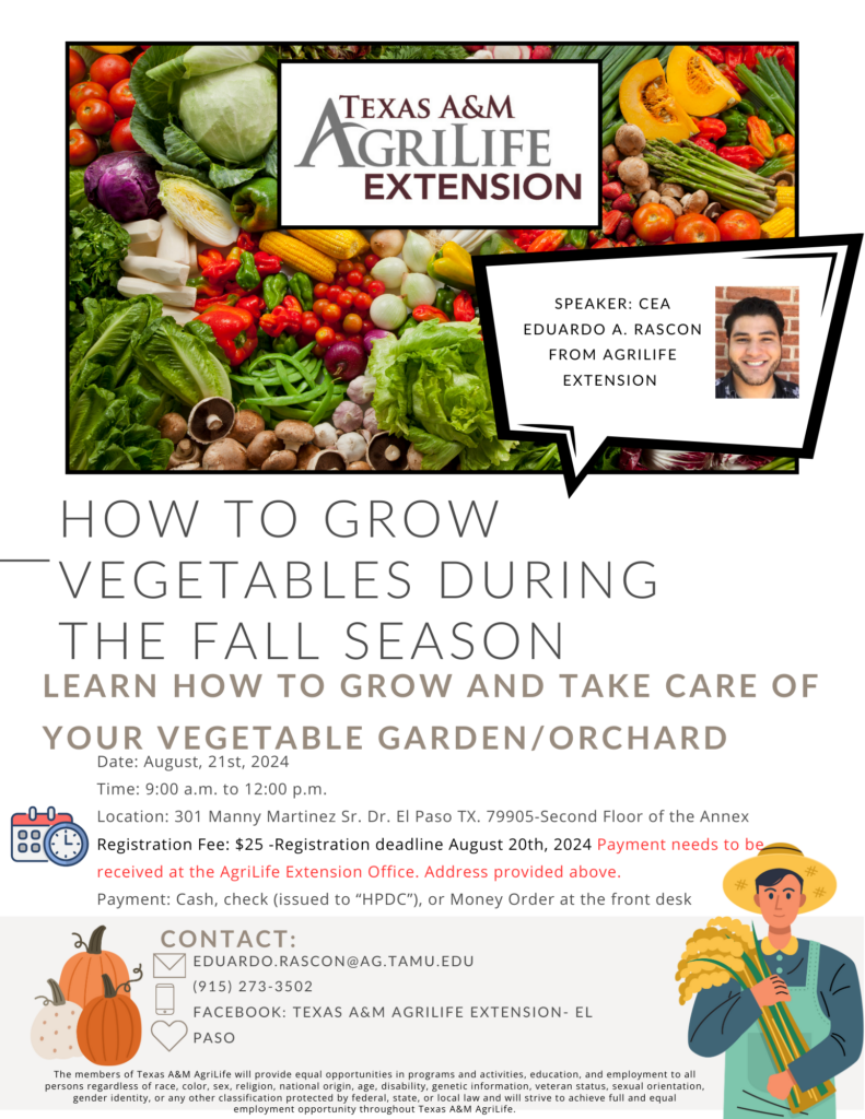 Flyer for Aug 21st class on growing vegetables in the fall.