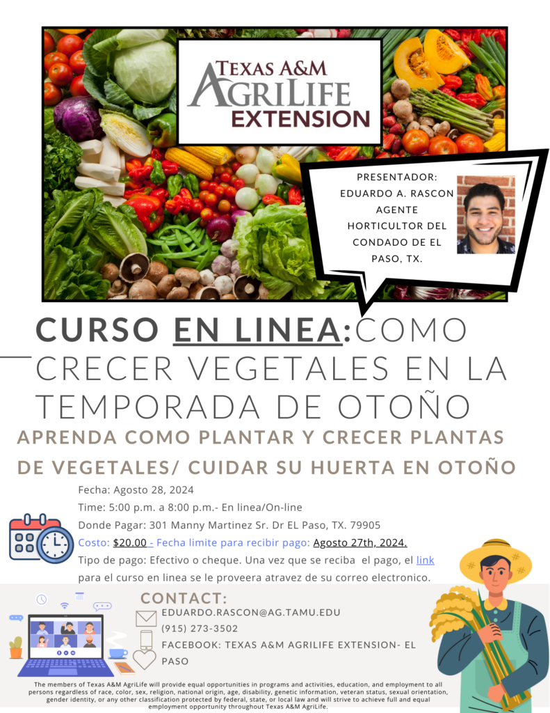 Flyer for class in Spanish on growing vegetables in the fall. Title: Como Crecer Vegetales in las Temporada de Otono.