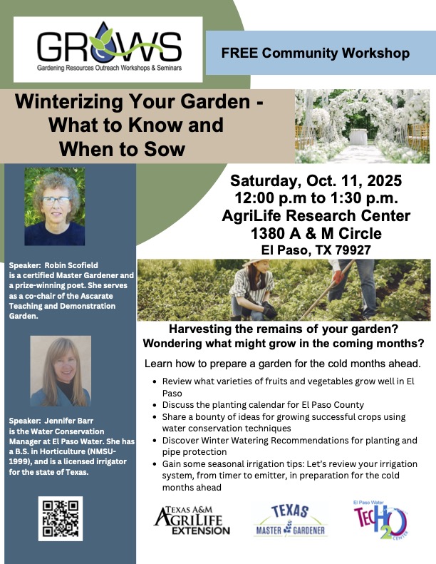 Flyer for the GROWS talk in November 2025 on winterizing your garden and basic irrigation.