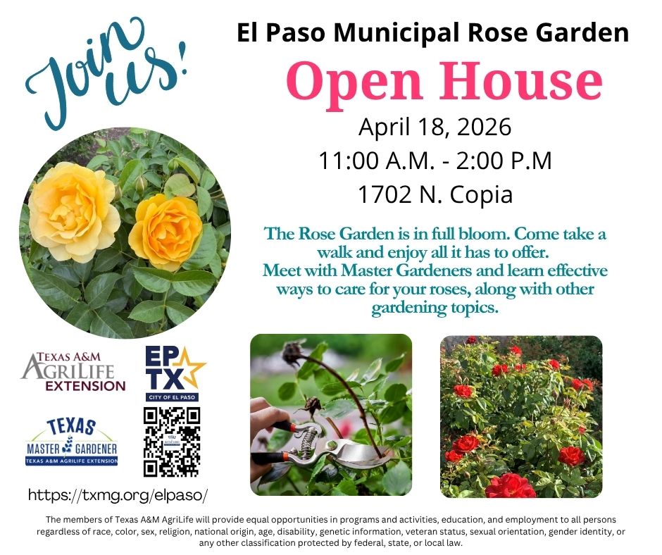 Flyer for the 2026 April 18th Rose Garden Open House.