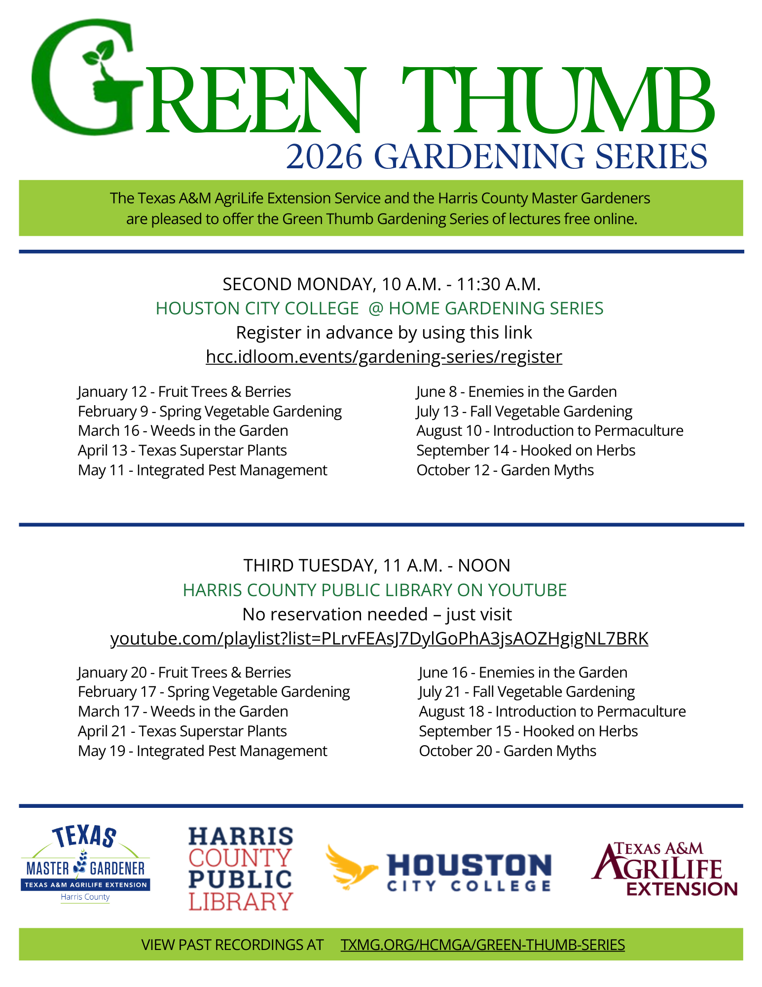 2026 Green Thumb Gardening Series Schedule