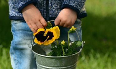 child with pansies